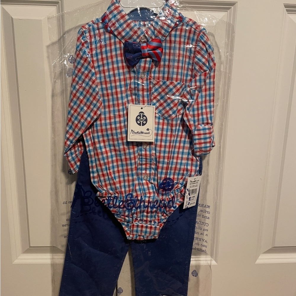 Beetle & Thread Blue and Red Plaid Baby Outfit with Bow Tie